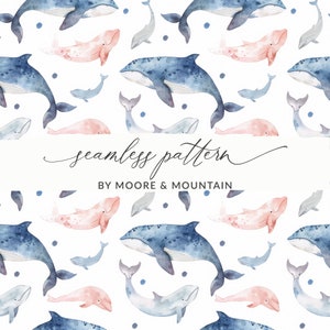 Watercolor Whales Seamless Pattern, Seamless Whale Background, Boys Seamless Whale Digital File for Commercial Use Ocean Seamless Pattern