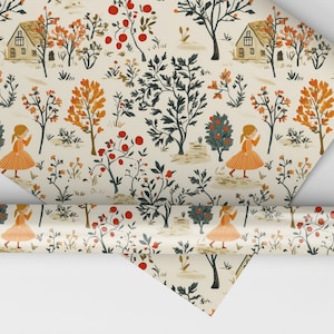 Puede incluir: Un papel de regalo con un dise&ntilde;o de patr&oacute;n repetitivo que presenta una ilustraci&oacute;n caprichosa de una ni&ntilde;a con un vestido rojo caminando por un bosque con &aacute;rboles, flores y bayas rojas.