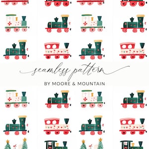 Può includere: Un motivo senza cuciture con illustrazioni ad acquerello di treni natalizi rossi, verdi e bianchi. I treni hanno elementi decorativi su sfondo bianco. È visibile anche il testo "seamless pattern" e "BY MOORE & MOUNTAIN".