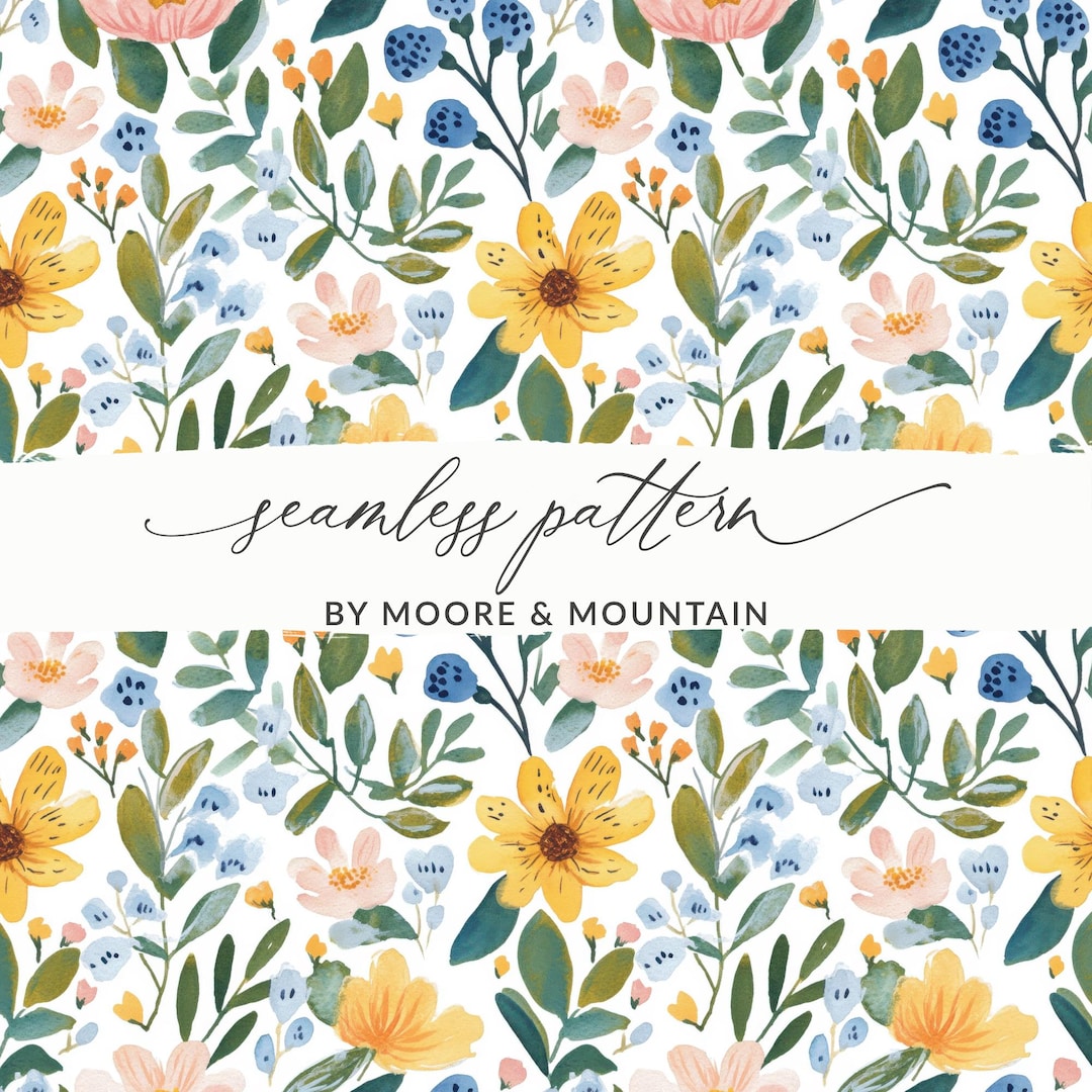 Seamless Cute Spring Floral Watercolor Pattern Blue and Yellow ...