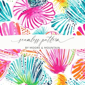 以下が含まれることがあります： ピンク、ブルー、グリーン、オレンジ、イエローのカラフルな抽象的な貝殻を特徴とするシームレスパターン。パターンは白い背景にあり、"seamless pattern by Moore & Mountain"というテキストが含まれています。