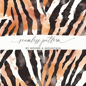 Puede incluir: Diseño de patrón sin costuras con un efecto de rayas de tigre en acuarela. El diseño utiliza tonos negros, marrones y naranjas. Las palabras "seamless pattern" están en cursiva, con "BY MOORE & MOUNTAIN" debajo.