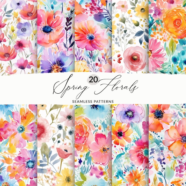 Wet Watercolor Spring Floral Seamless Patterns Watercolor, Neon Spring Flower Backgrounds, Seamless Watercolor Florals, PNG, Commercial Use