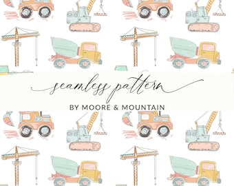 Construction Seamless Pattern for Boys Dump Truck Background Construction Crane and Backhoe Seamless Pattern for Boys Work Truck PNG