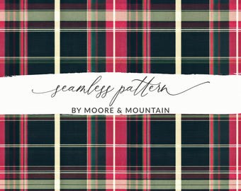 May include: A seamless plaid pattern in red, navy, green, and cream. The design features a classic grid of intersecting lines, with the text "seamless pattern" and "BY MOORE & MOUNTAIN" in white.