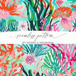 May include: Seamless pattern featuring coral, seaweed, and flowers in shades of pink, red, green, and blue on a light blue background. The text "seamless pattern" and "BY MOORE & MOUNTAIN" is displayed on a white banner.