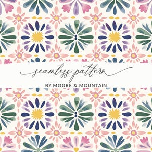 May include: A seamless pattern featuring watercolor floral designs in shades of pink, purple, blue, and green on a cream background. The text "seamless pattern" is displayed in a cursive font, with "BY MOORE & MOUNTAIN" below.