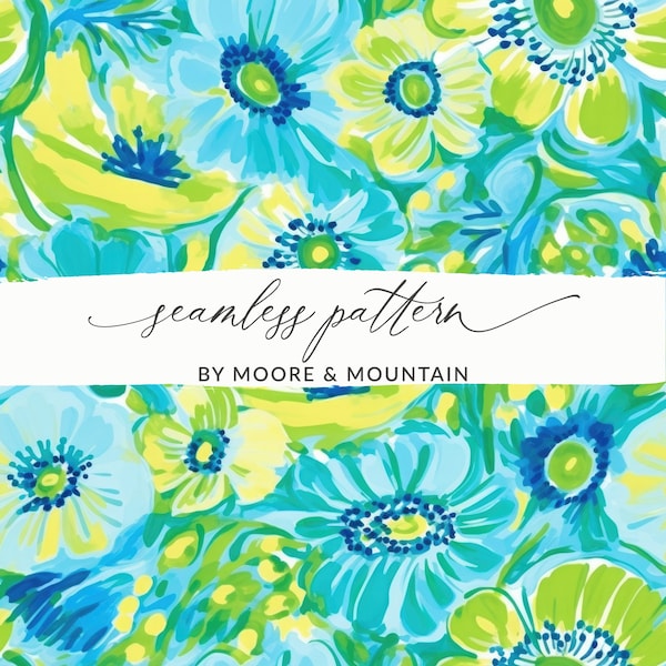 Blue and Yellow Preppy Seamless Floral Background, Bright Yellow and Sky Blue Floral Pattern, Turquoise Flower Background Teal Anemone Bloom