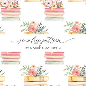 May include: A seamless pattern featuring stacks of books with watercolor flowers on top. The text "seamless pattern" and "by Moore & Mountain" is written below the stacks of books.