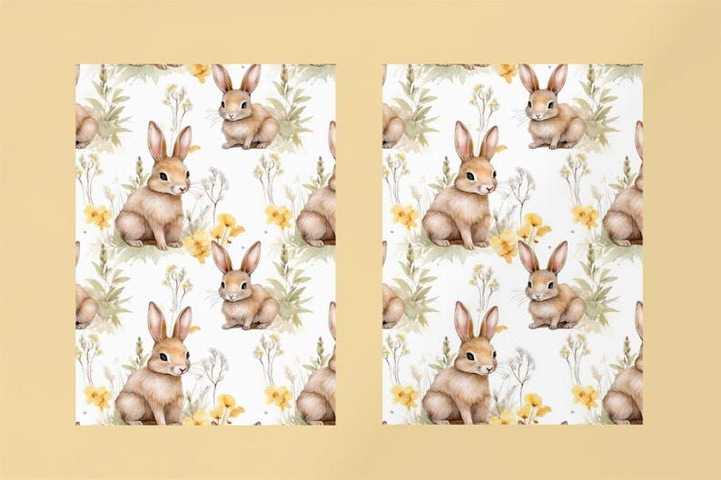 May include: A seamless pattern featuring watercolor illustrations of brown rabbits sitting in a field of yellow and white flowers. The background is white.