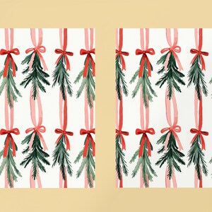 K&ouml;nnte beinhalten: Ein nahtloses Muster mit gr&uuml;nen Tannenzweigen und rosa und roten Schleifen. Das Muster eignet sich perfekt f&uuml;r Geschenkpapier, Stoffe oder andere Bastelprojekte.