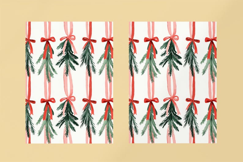 K&ouml;nnte beinhalten: Ein nahtloses Muster mit gr&uuml;nen Tannenzweigen und rosa und roten Schleifen. Das Muster eignet sich perfekt f&uuml;r Geschenkpapier, Stoffe oder andere Bastelprojekte.