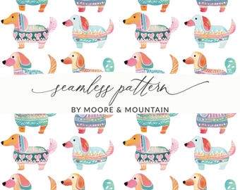 May include: A seamless pattern of watercolour dachshund dogs in a variety of colours. Each dog is uniquely decorated with patterns and hearts. The text "seamless pattern" and "BY MOORE & MOUNTAIN" are also visible.