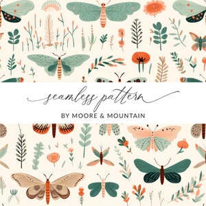 Könnte beinhalten: Ein nahtloses Muster mit bunten Schmetterlingen, Blumen und Blättern auf cremefarbenem Hintergrund. Der Text "seamless pattern by Moore & Mountain" ist in der Mitte des Bildes dargestellt.
