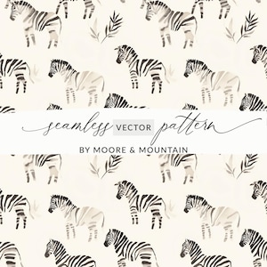 May include: A seamless vector pattern featuring watercolor zebras in black and white. The zebras are arranged in a repeating pattern with subtle leaf accents. The text "seamless vector pattern" and "BY MOORE & MOUNTAIN" are also included.