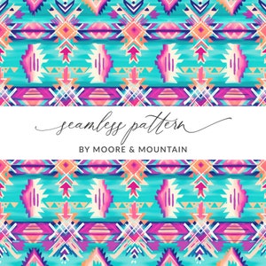 May include: A seamless pattern in turquoise, pink, purple, and orange. The design features geometric shapes and tribal-inspired motifs. The text "seamless pattern" and "BY MOORE & MOUNTAIN" are displayed in white.