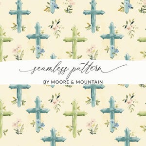 Op de afbeelding: Een naadloos patroon met aquarel kruisen in blauw en groen, afgewisseld met bloemaccenten op een crèmekleurige achtergrond. De tekst "seamless pattern" en "BY MOORE & MOUNTAIN" zijn ook zichtbaar.