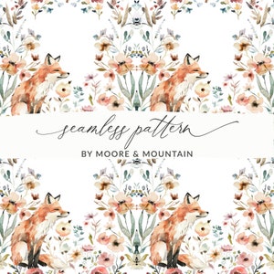 Motif de fond sans couture renard, renard des bois de fond aquarelle, fond de renard peint, renard bohème sans couture, renard avec prairie de fleurs