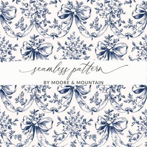 Patrón sin costuras de toile de coqueta con lazos y cintas Patrón sin costuras de toile francés para bodas en azul y blanco