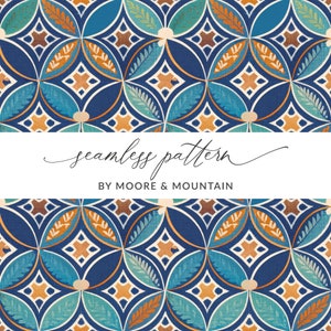 May include: Seamless pattern featuring a repeating design of blue, orange, and brown geometric shapes with a white background. The pattern is reminiscent of traditional tile work. The text "seamless pattern" and "by Moore & Mountain" is displayed below the pattern.
