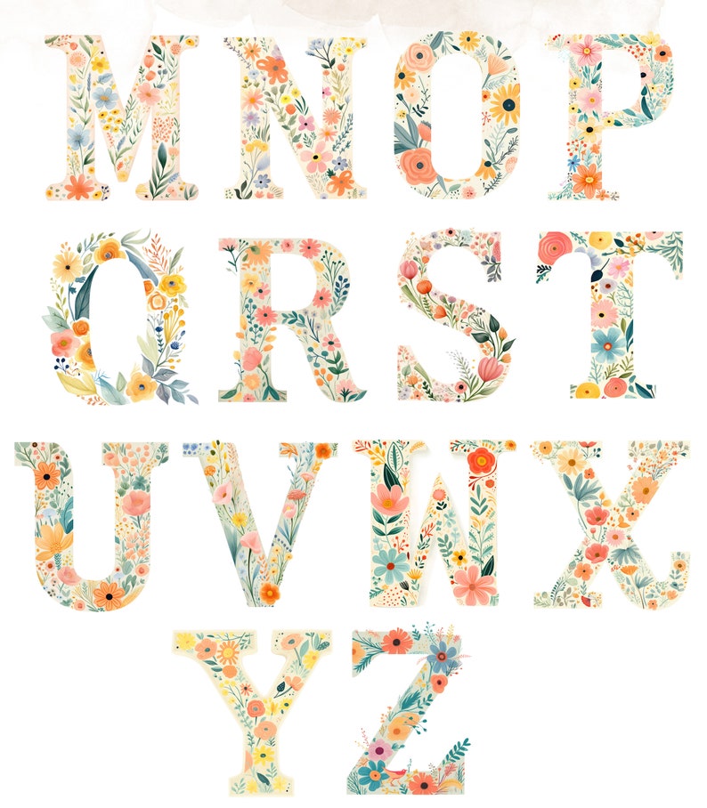 Floral Lettering Clipart PNG Images, Alphabet Lettering Clipart Images, Cute Ditsy Floral Alphabet, Modern Flowers Alphabet Lettering image 2