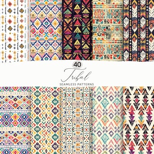 Puede incluir: Un conjunto de 40 patrones tribales sin costuras que presentan formas geométricas y colores brillantes. Los patrones son perfectos para crear diseños únicos para telas, papel tapiz y otros proyectos.