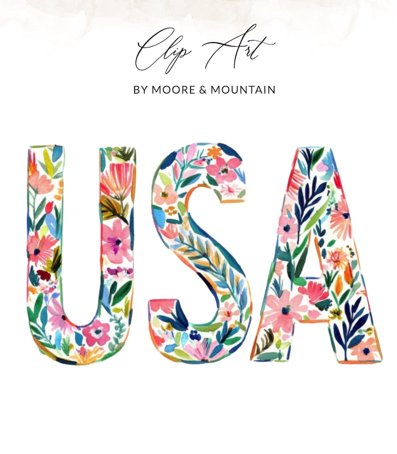 Floral letters spelling USA by Moore & Mountain.