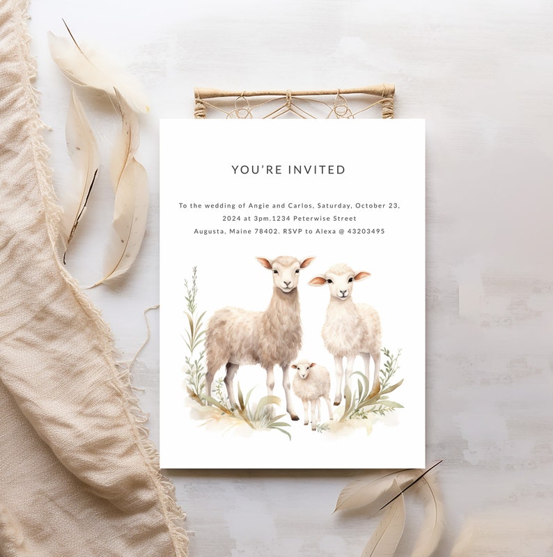 May include: A white wedding invitation with a watercolor illustration of three sheep. The text reads "You're Invited" to the wedding of Angie and Carlos on Saturday, October 23, 2024 at 3pm. 1234 Peterwise Street, Augusta, Maine 78402. RSVP to Alexa @ 43203495.