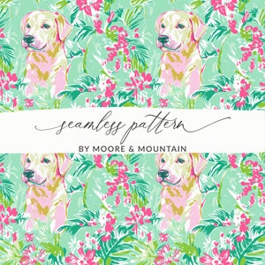 May include: A seamless pattern featuring yellow Labrador Retriever dogs in a tropical floral design. The dogs are surrounded by pink, green and white flowers and leaves. The text "seamless pattern" and "BY MOORE & MOUNTAIN" is displayed on a white banner.