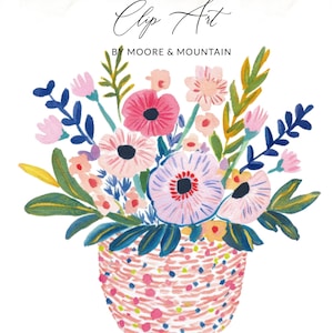 May include: Watercolor illustration of a floral arrangement in a pink dotted basket. The bouquet features pink, red, and purple flowers with green and blue foliage. Text at the top reads "Clip Art" and "By Moore & Mountain".