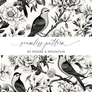 Naadloos zwart toile-patroon, elegante toile naadloze achtergrond, naadloos zwart-wit toile, elegant bruiloftspatroon, vogels en wijnstokken