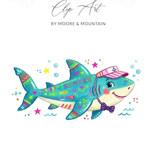 May include: A whimsical illustration of a turquoise shark wearing a pink and white striped visor and a purple bow tie. The shark is decorated with colorful patterns, hearts, and the word "SUMMER". Bubbles, stars, and fish surround the shark.