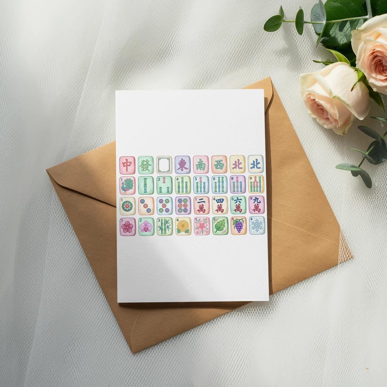Card with Mahjong tiles and floral patterns on an envelope.