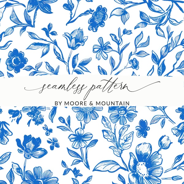 Blue Chinoiserie Detailed Flower Pattern, Texture Dainty Blue and White Floral Pattern, Seamless Blue Wedding Background, Elegant Seamless