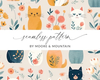 Quirky Cats Digital Paper, Seamless Cats Background, Cute Cats Pattern, Cat Lovers Background, Repeating Cat Digital Background Design