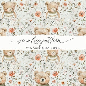 Watercolor Bear Pattern, Cute Bear Seamless Background Teddy Bear Digital Paper Bear in Sweater Cute Baby Bear Pattern Commercial Use