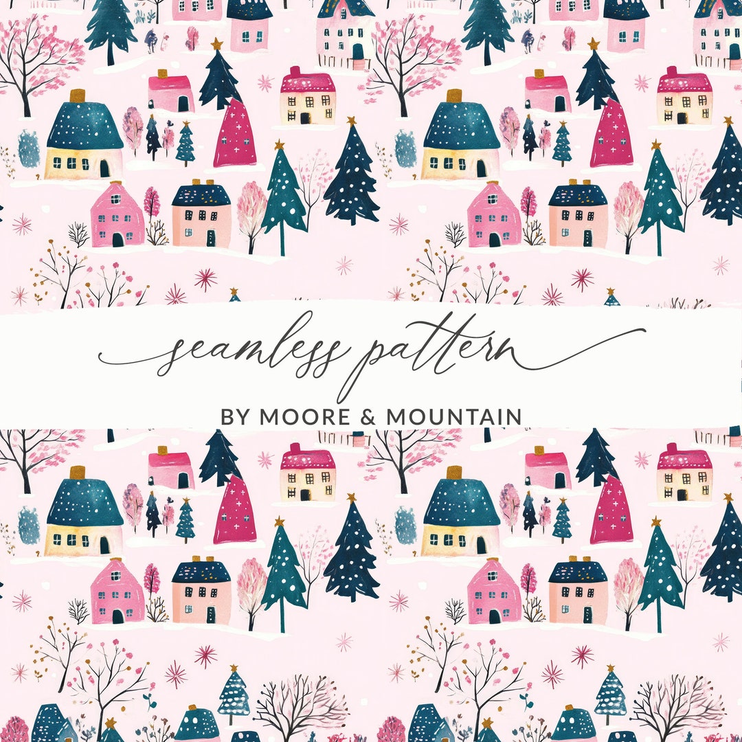 Pink Christmas Village Pattern Background Pink Winter Houses Digital ...