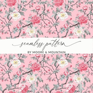 Pink Chinoiserie Seamless Background Pattern, Pink Oriental Floral Pattern, Pink Seamless Chinese Floral Background Pattern, Floral Branch