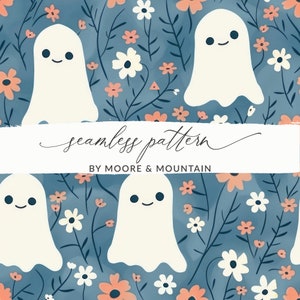 May include: A seamless pattern featuring white ghosts with smiling faces and pink and white flowers on a blue background. The text "seamless pattern" and "by Moore & Mountain" is included in the design.