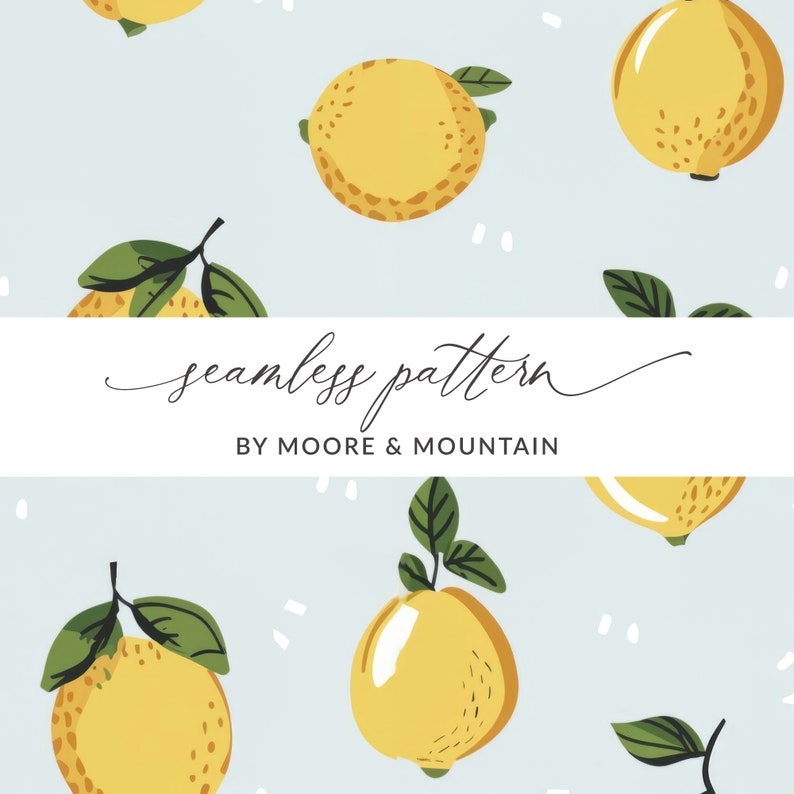Puede incluir: Un patr&oacute;n sin costuras con limones amarillos y hojas verdes sobre un fondo azul claro. El texto "seamless pattern" y "BY MOORE & MOUNTAIN" se muestra en una pancarta blanca.