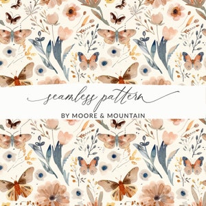 Boho Butterfly Seamless Pattern, Neutral Butterfly Pattern Digital File Butterflies Seamless Background Digital Paper Commercial Use, Moths