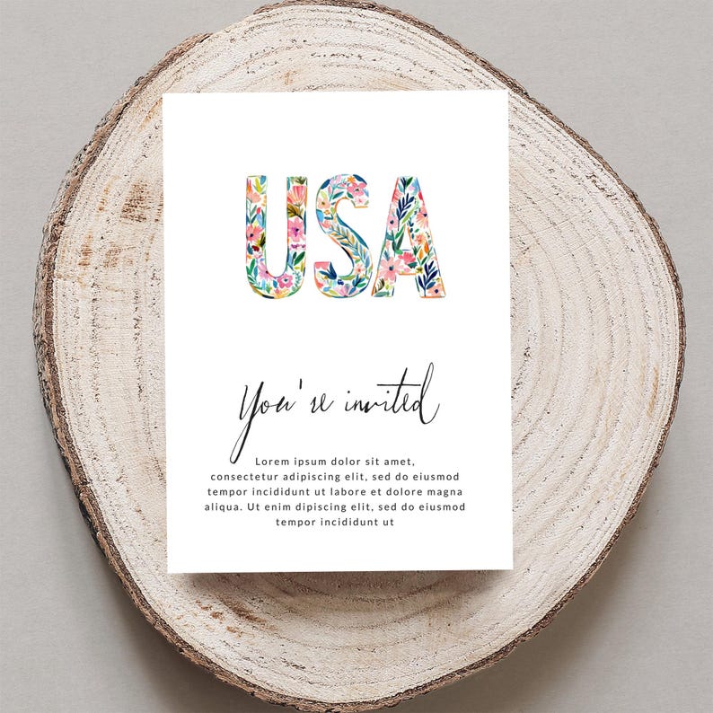 USA invitation with floral letters and "You're invited" text.