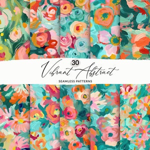 May include: 30 vibrant abstract seamless patterns featuring colorful floral designs with a painterly style. The patterns are perfect for creating unique and eye-catching designs for fabric, wallpaper, and other creative projects.