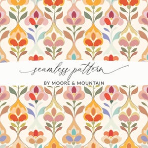 May include: Seamless floral pattern in shades of orange, red, pink, and green on a cream background. The design features stylized flowers and leaves. The text "seamless pattern" and "BY MOORE & MOUNTAIN" are displayed on a white banner.