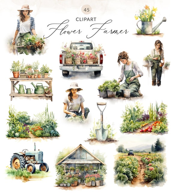 40 Watercolor Gardening Clipart PNG Images, Flower Farmer Clipart, Gardening Clip Art, Spring Garden Clipart, Farmer Clipart, Farmers Market