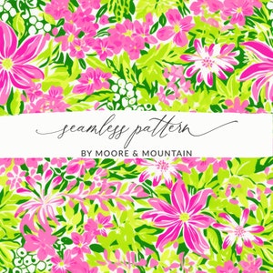 May include: A seamless pattern featuring pink and green flowers on a white background. The text "seamless pattern by Moore & Mountain" is displayed in a banner at the bottom of the image.