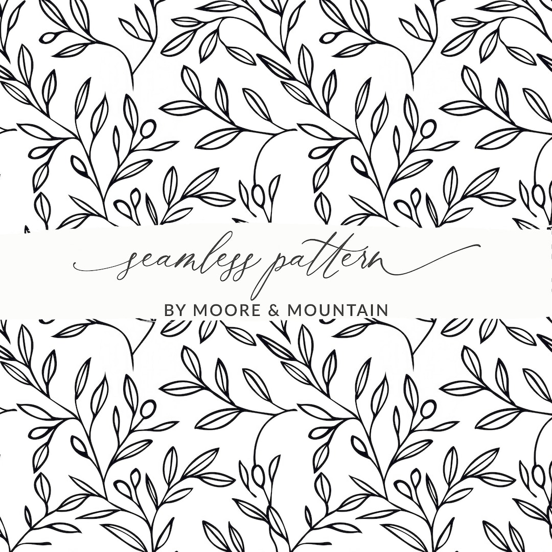 Simple Black and White Leaf Doodle Seamless Pattern Black Olive Branch ...