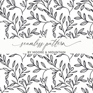 Einfaches Schwarz-Weiß-Blatt-Gekritzel-nahtloses Muster-schwarzer Olivenzweig-Hintergrund - Handgezeichnetes Lorbeer-nahtloses Muster PNG