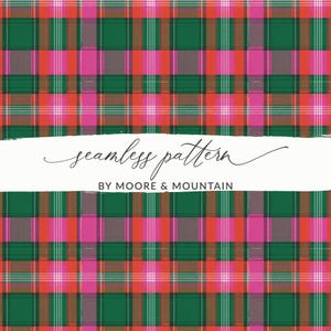 May include: Seamless plaid pattern in green, pink, orange, and brown. The design features a grid of intersecting lines, creating a classic plaid effect. The text "seamless pattern" and "BY MOORE & MOUNTAIN" are displayed on a white banner.