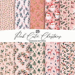 Ensemble de 25 motifs de fond de Noël roses sans couture, collection de Noël rose minimaliste, arrière-plans de Noël roses mignons, père Noël, arbres à feuilles persistantes